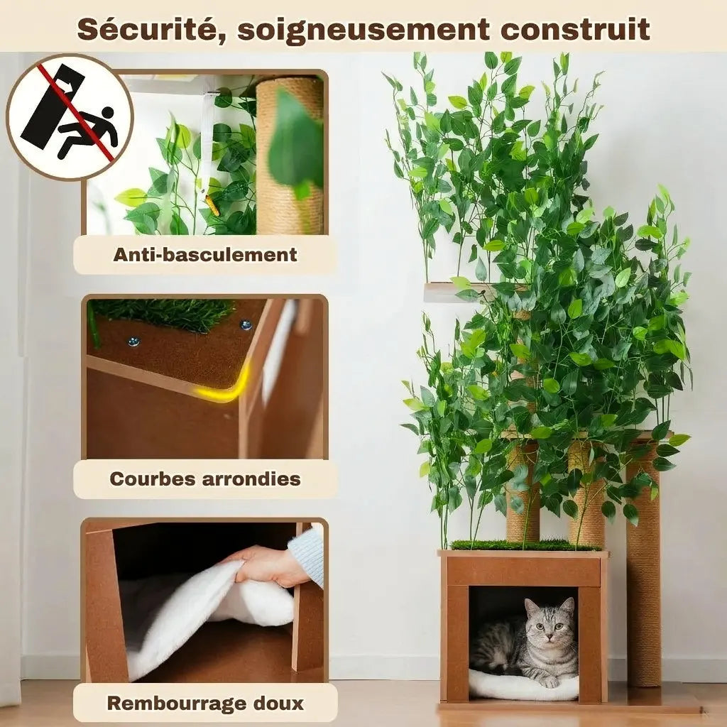 Arbre à chat extérieur avec plante artificielle conçu pour offrir sécurité, confort et repos apaisant au chat.