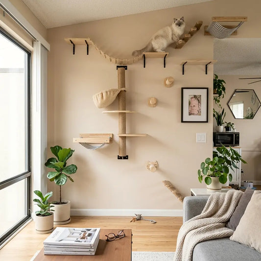 arbre à chat fixation murale complet avec hamacs plateformes poteau griffoir et modules muraux