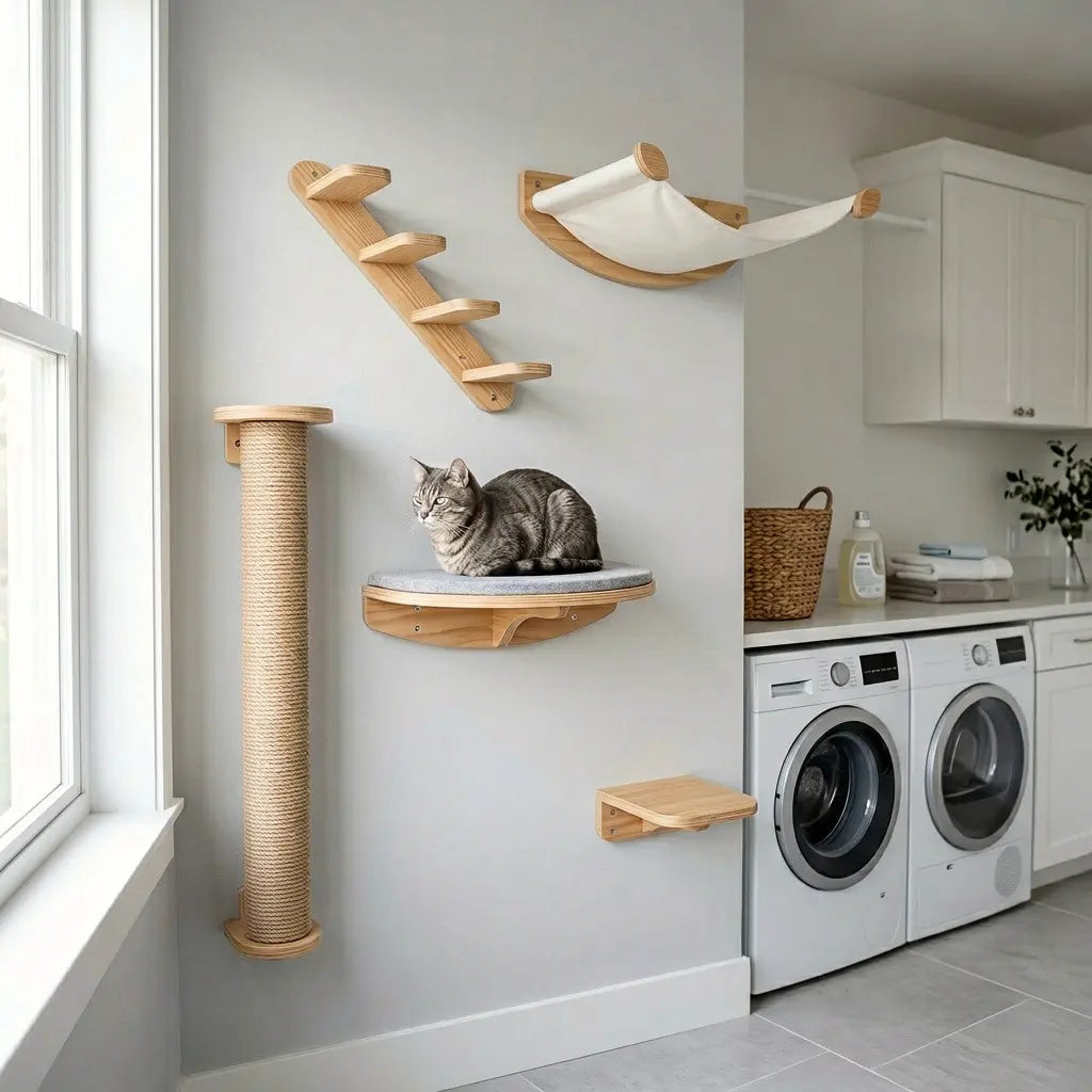 arbre à chat fixation murale design avec griffoir poteau hamac escalier et plateforme murale