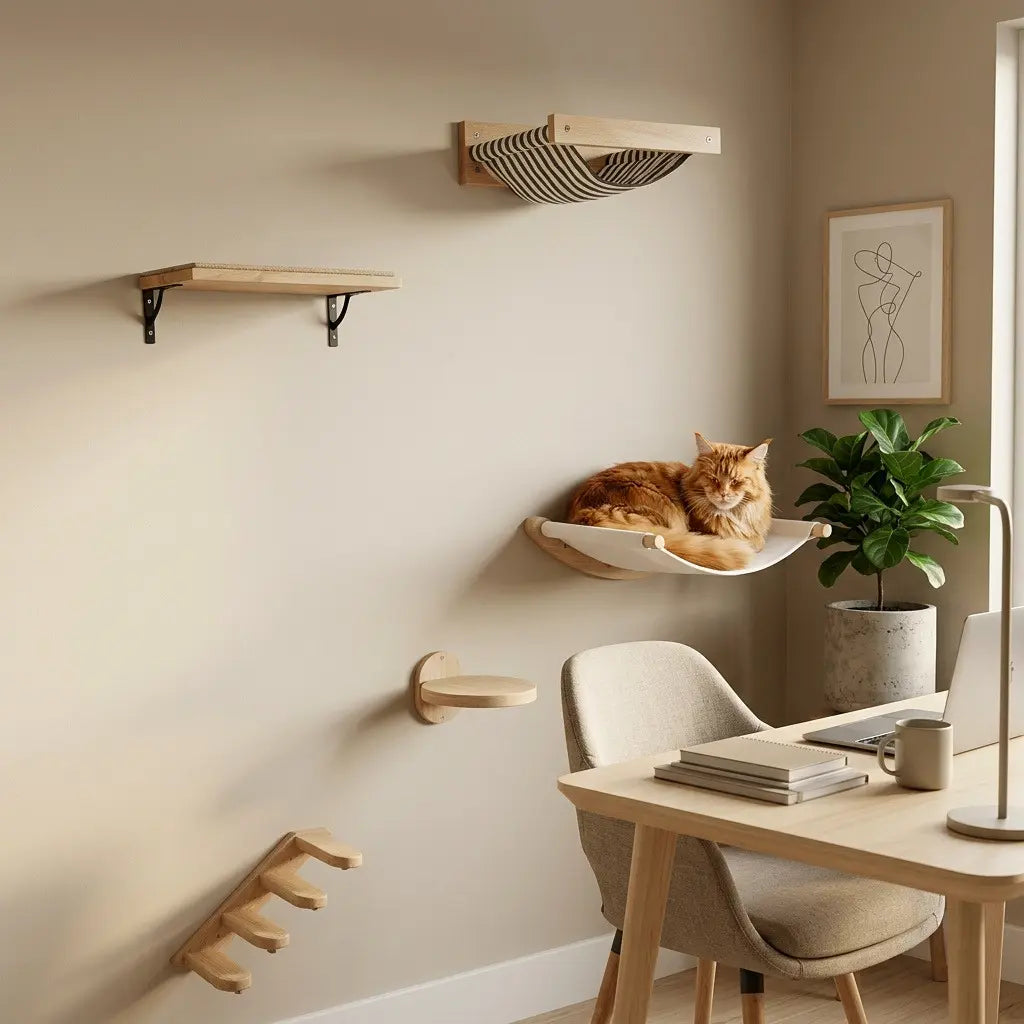 arbre à chat fixation murale avec hamac mural et étagères en bois pour chat d'intérieur