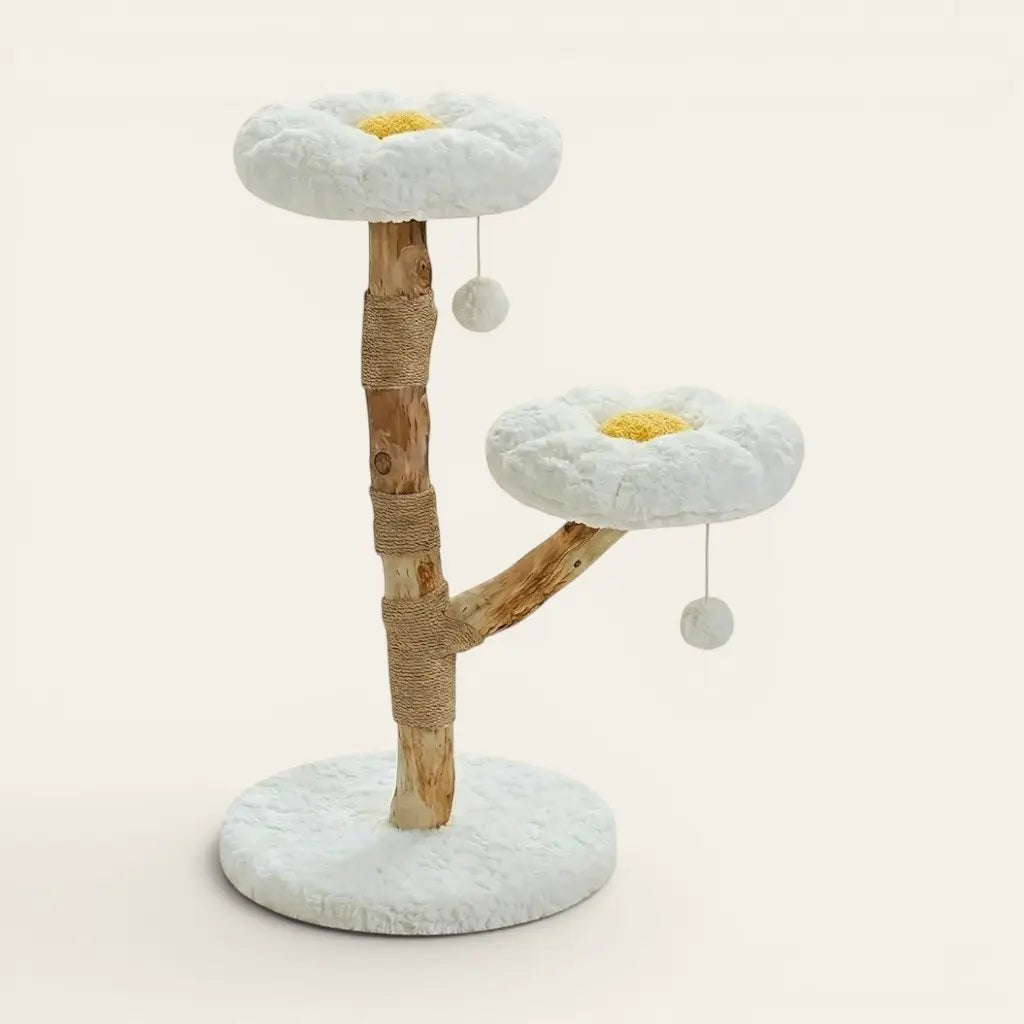 Arbre à chat fleur blanc avec couchages en forme de marguerite, poteaux en bois naturel et zones de repos surélevées