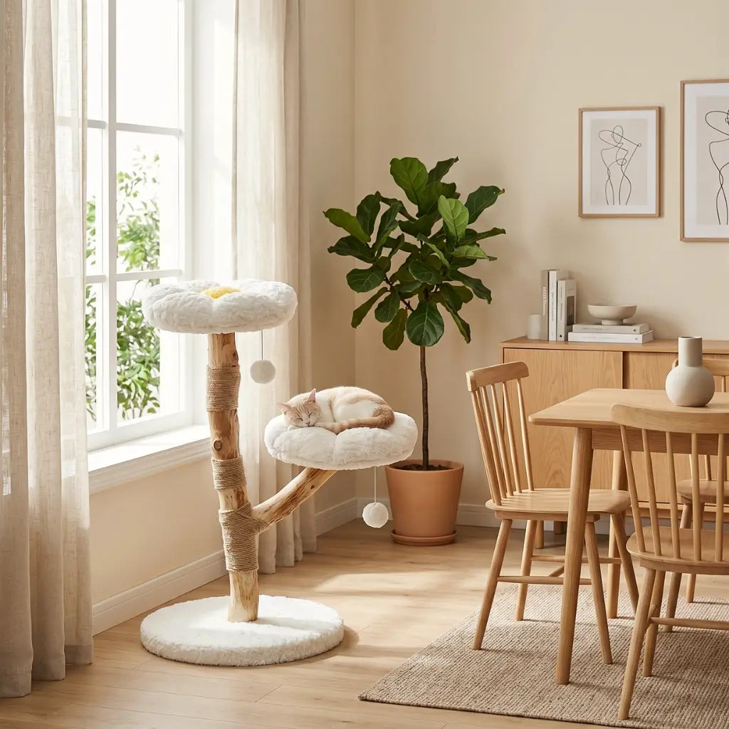 arbre à chat fleur blanc design dans un intérieur scandinave avec chat en train de dormir