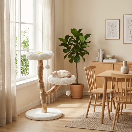arbre à chat fleur blanc design dans un intérieur scandinave avec chat en train de dormir