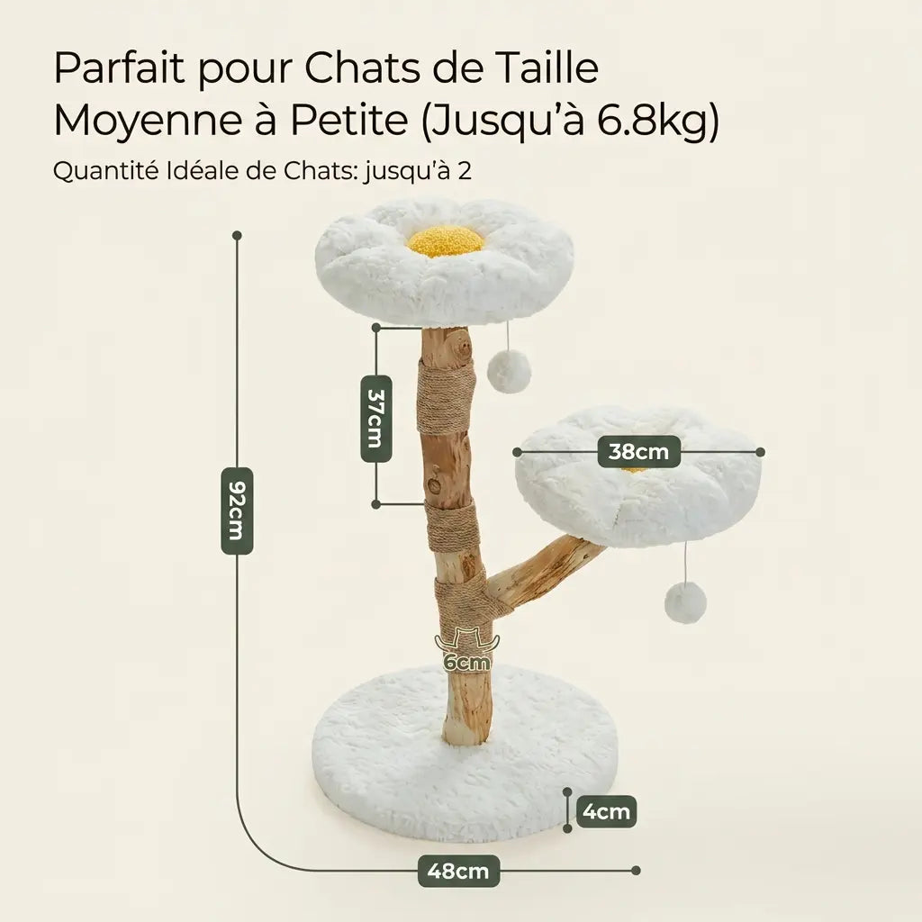 Dimensions de l’arbre à chat fleur blanc avec couchages marguerite, poteaux en bois naturel et hauteur totale de 92 cm