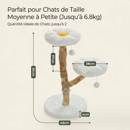 Dimensions de l’arbre à chat fleur blanc avec couchages marguerite, poteaux en bois naturel et hauteur totale de 92 cm