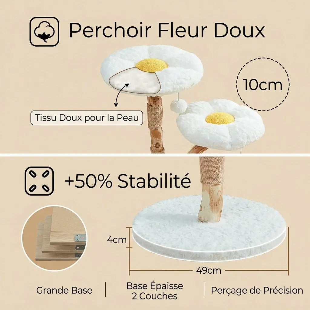 arbre à chat fleur blanc base épaisse stable avec plateforme douce en forme de fleur