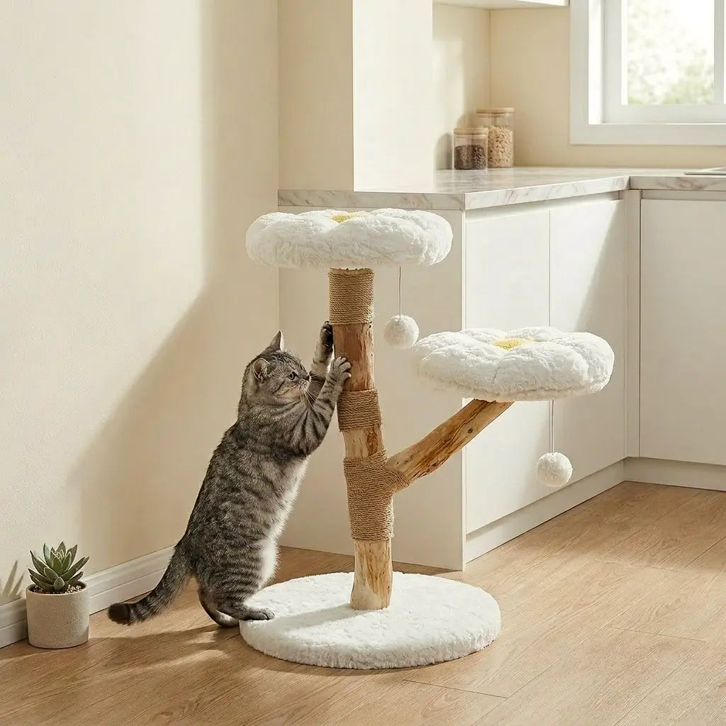 arbre à chat fleur blanc avec chat en train de griffer le poteau en sisal