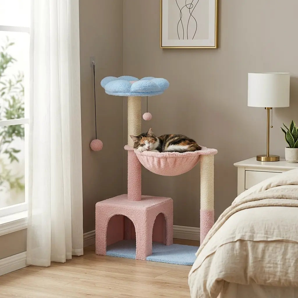 arbre à chat fleurs avec chat qui dort dans un intérieur cosy chambre