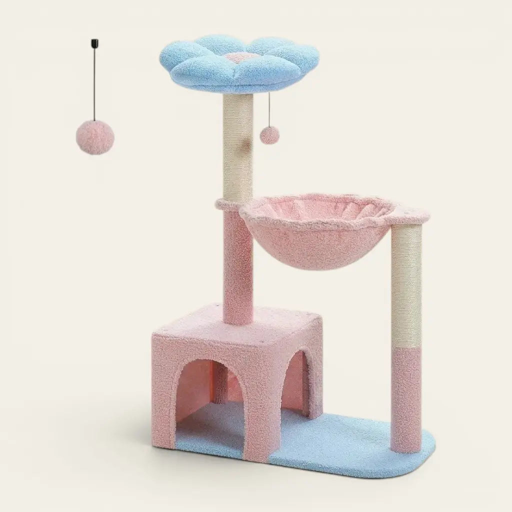 arbre à chat fleurs design pastel avec plateformes et hamac pour chat