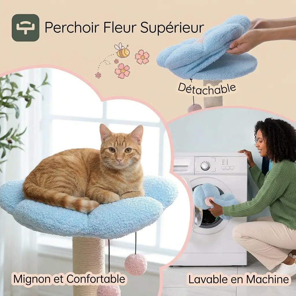 arbre à chat fleurs avec coussin détachable lavable en machine et surface confortable