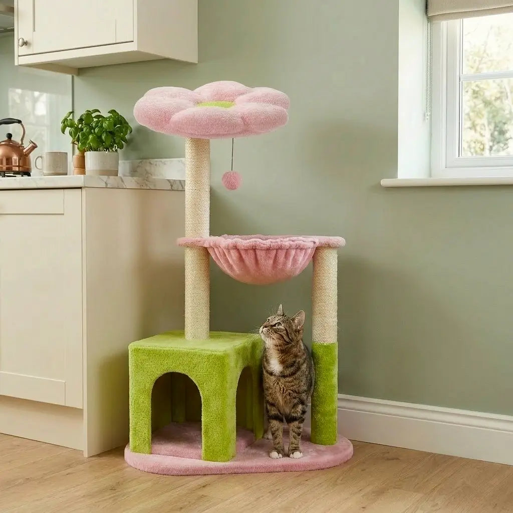 arbre à chat fleurs design dans une cuisine moderne avec chat observant