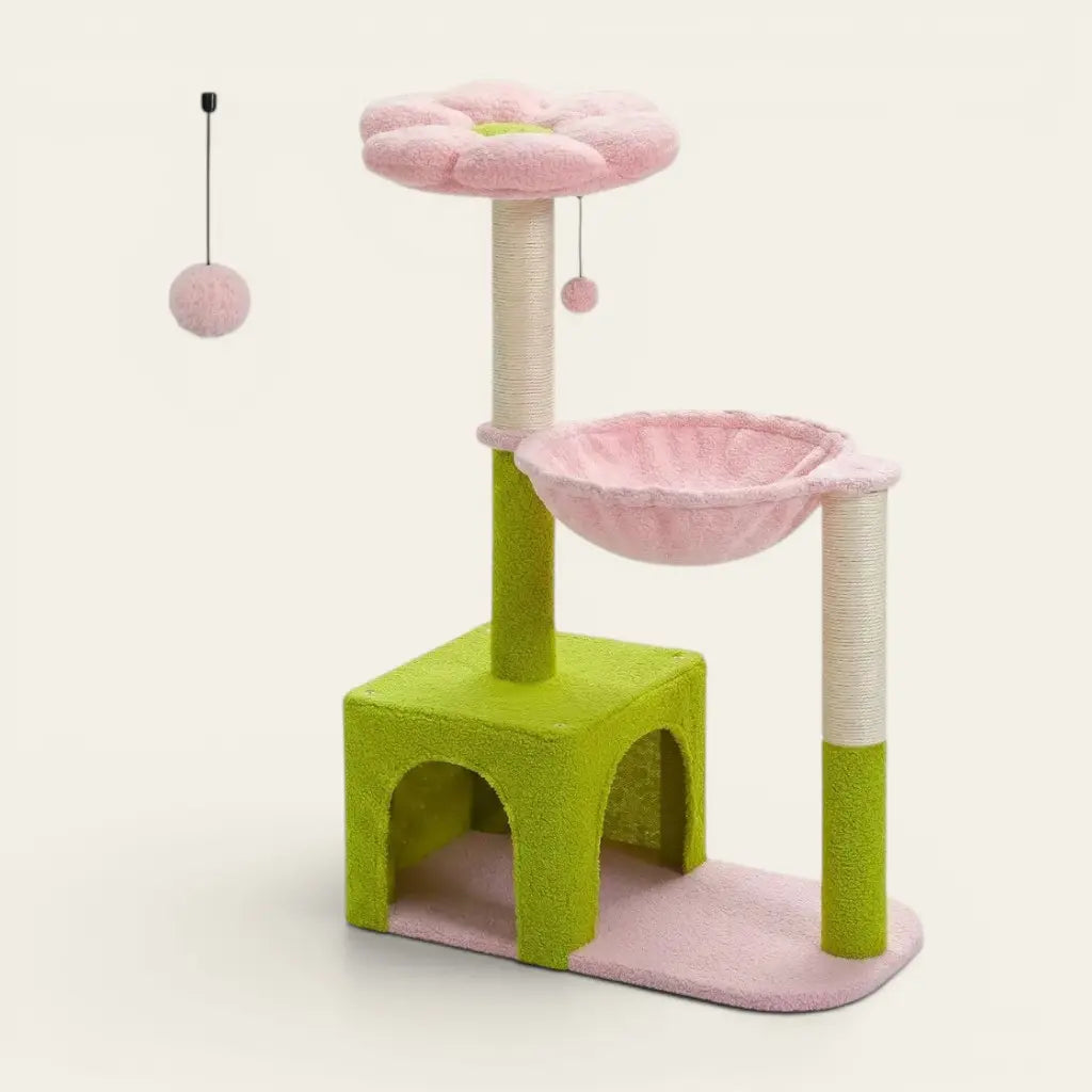 arbre à chat fleurs rose et vert avec niche hamac et plateforme design pour chat