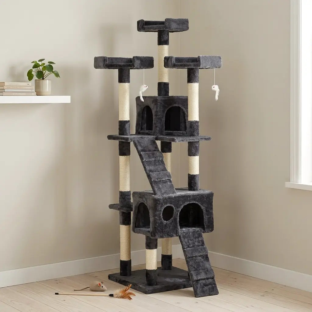 arbre à chat géant installé dans un intérieur moderne avec plusieurs plateformes et espaces de repos