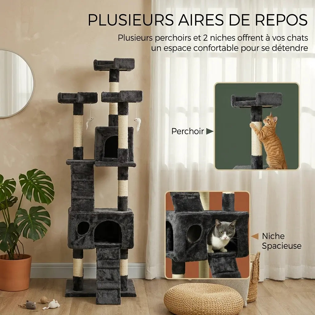 arbre à chat géant multifonction avec plusieurs aires de repos niches et perchoirs pour chats