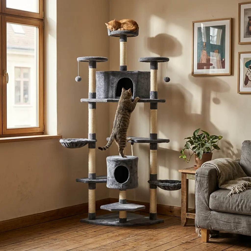 arbre à chat géant xxl avec chat en train de grimper sur les plateformes et espaces de jeu