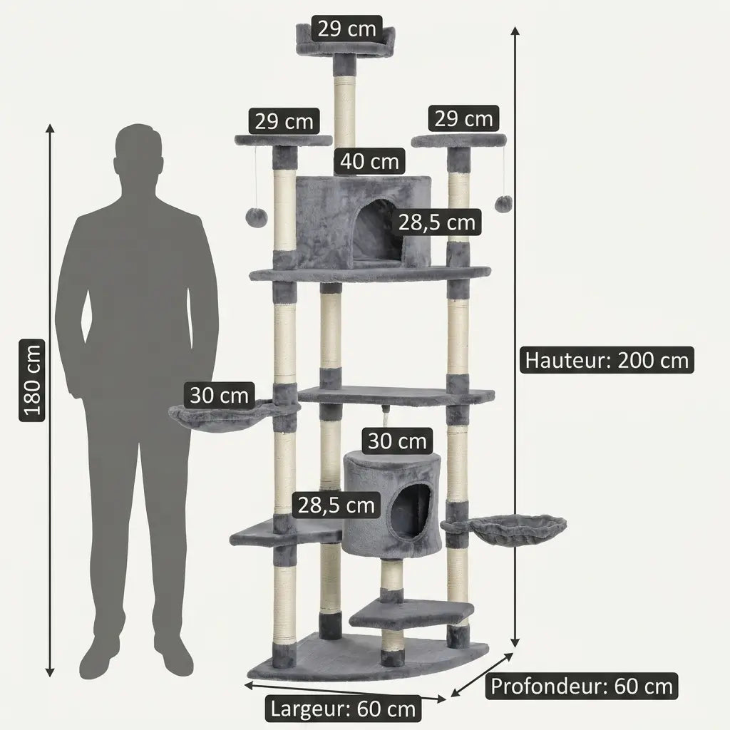arbre à chat géant xxl dimensions hauteur 200 cm structure stable avec plusieurs niveaux