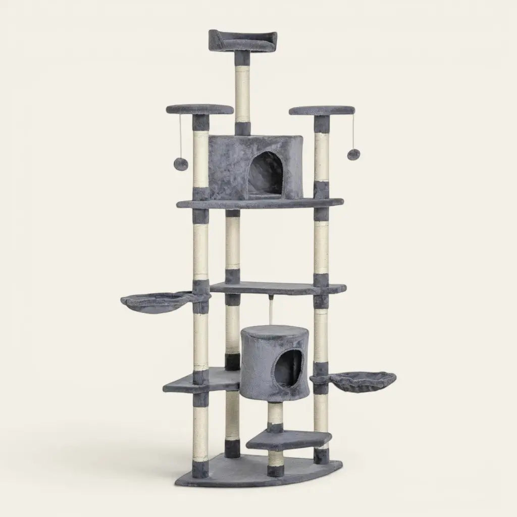 Arbre à chat géant XXL gris avec niches de repos, hamacs suspendus, plateformes d’observation et griffoirs intégrés