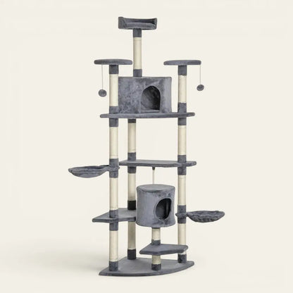 Arbre à chat géant XXL gris avec niches de repos, hamacs suspendus, plateformes d’observation et griffoirs intégrés