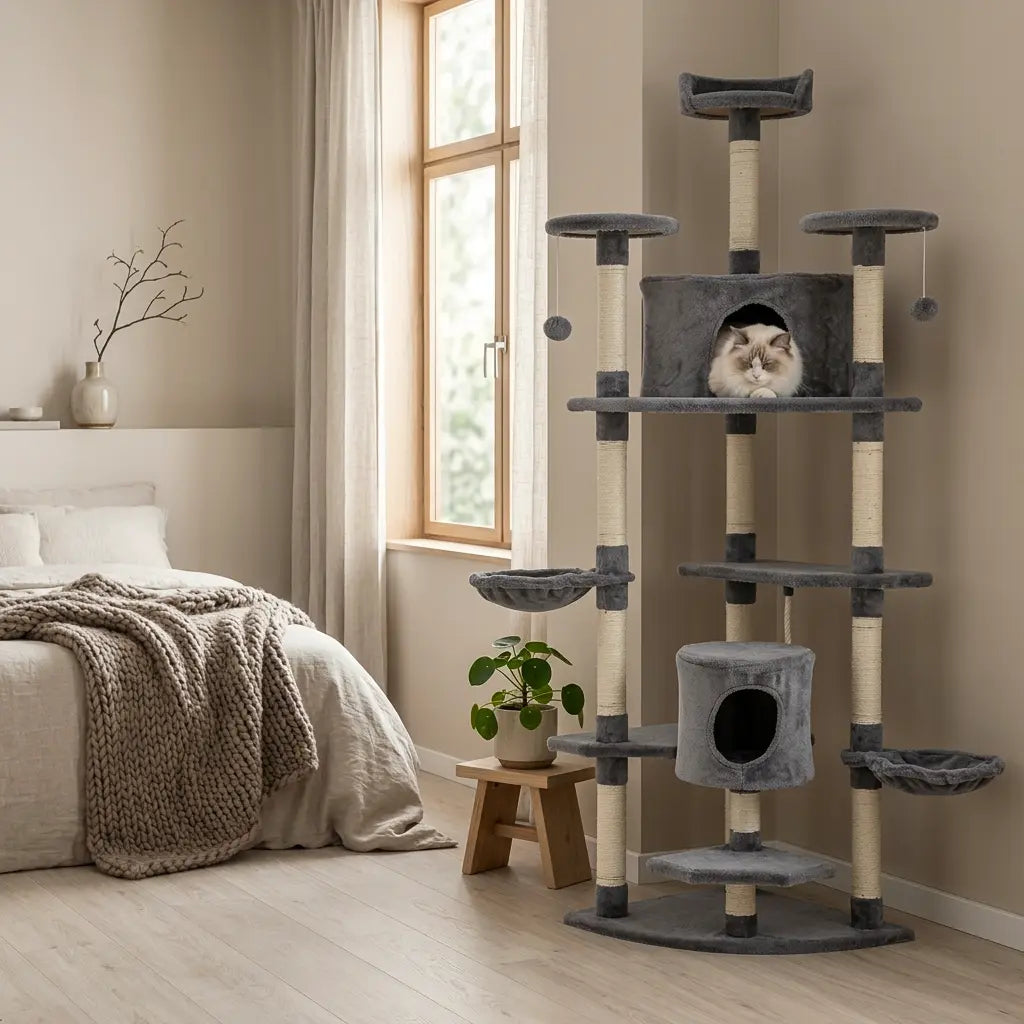 arbre à chat géant xxl installé dans une chambre avec plusieurs plateformes niches et hamac