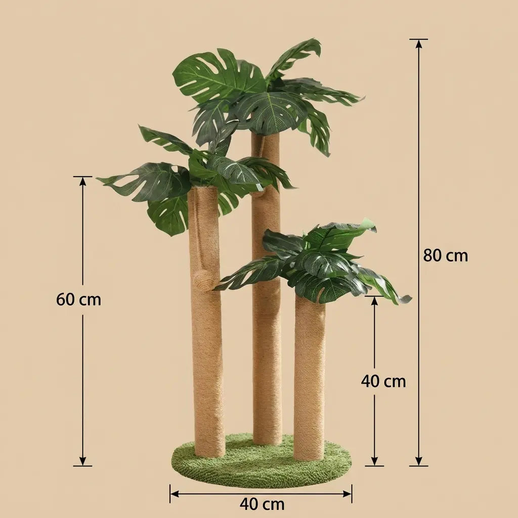 Arbre à chat griffoir Monstera avec trois poteaux recouverts de sisal et feuillage tropical décoratif.