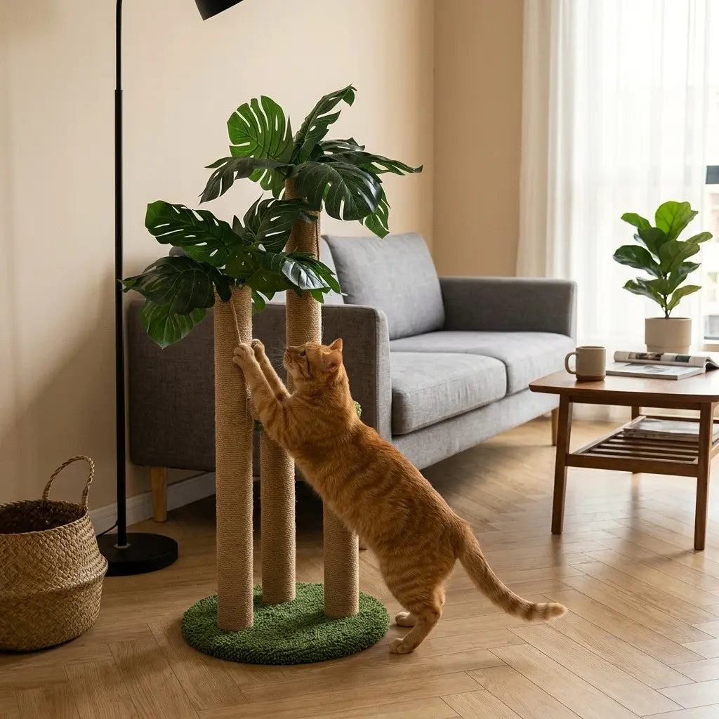 Chat utilisant un arbre à chat griffoir palmier avec troncs en sisal pour entretenir ses griffes et se dépenser.