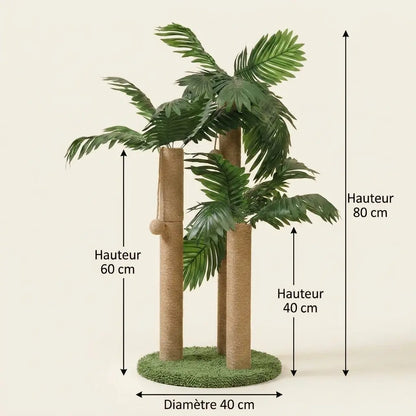 Dimensions de l’arbre à chat griffoir palmier avec troncs en sisal naturel, feuillage tropical et hauteur totale de 80 cm