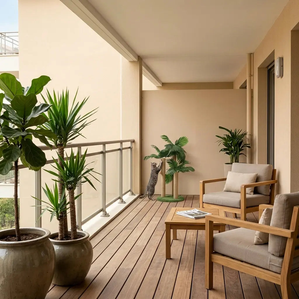 Arbre à chat griffoir palmier installé sur un balcon extérieur pour permettre au chat de grimper et faire ses griffes.