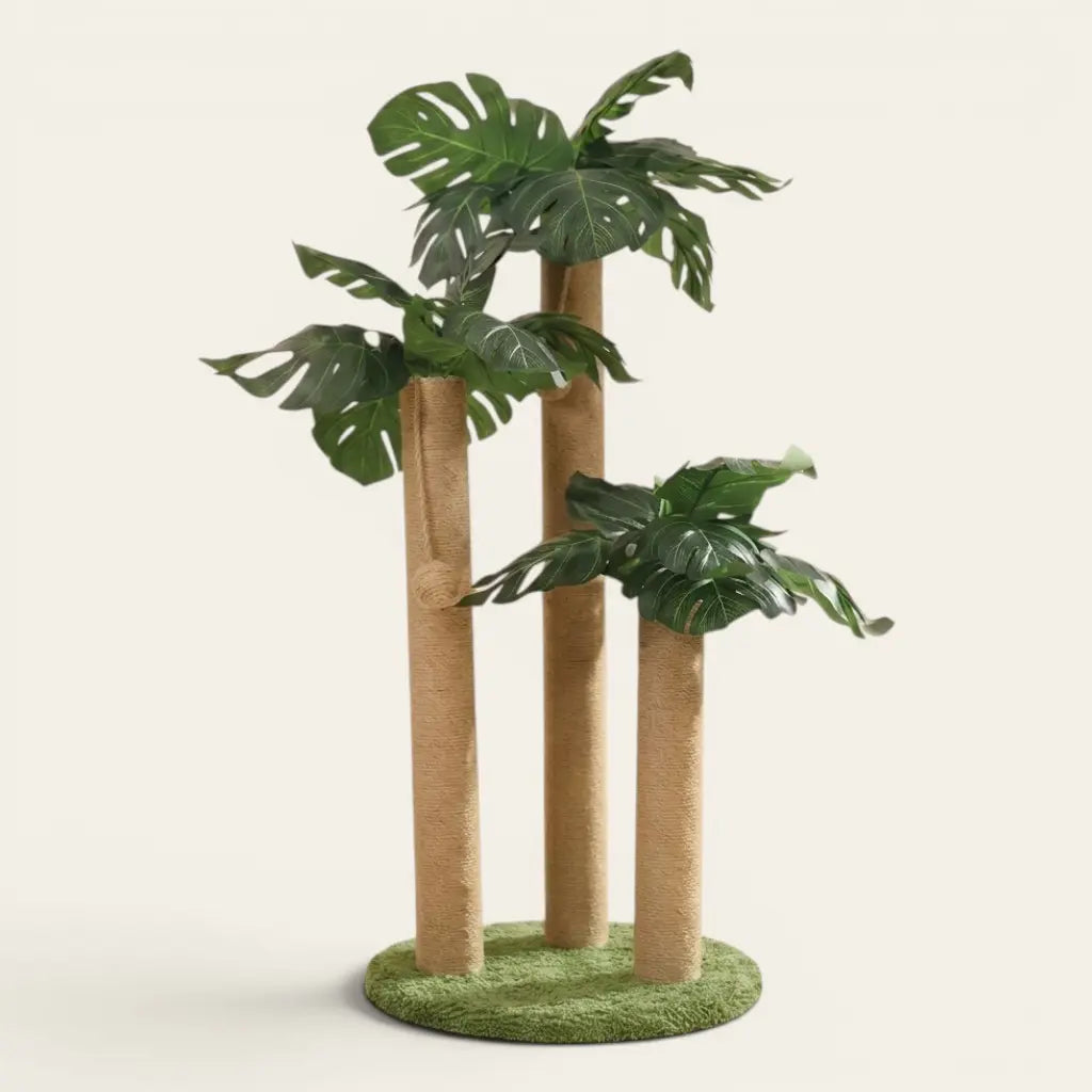 Arbre à chat griffoir palmier tropical avec troncs en sisal naturel et feuillage exotique pour chats d’intérieur