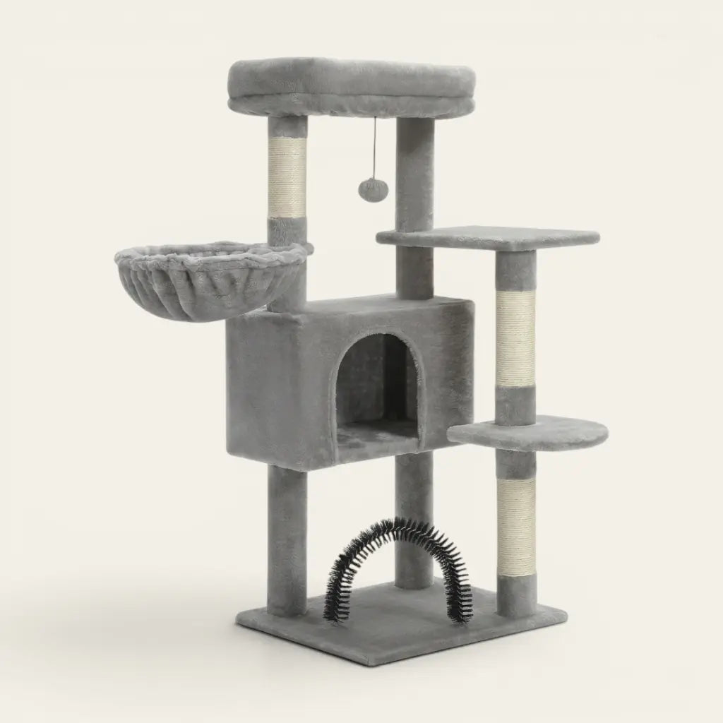 Arbre à chat gris équipé d'un hamac confortable, d'une niche et d'une arche de brossage pour enrichir le quotidien du chat.