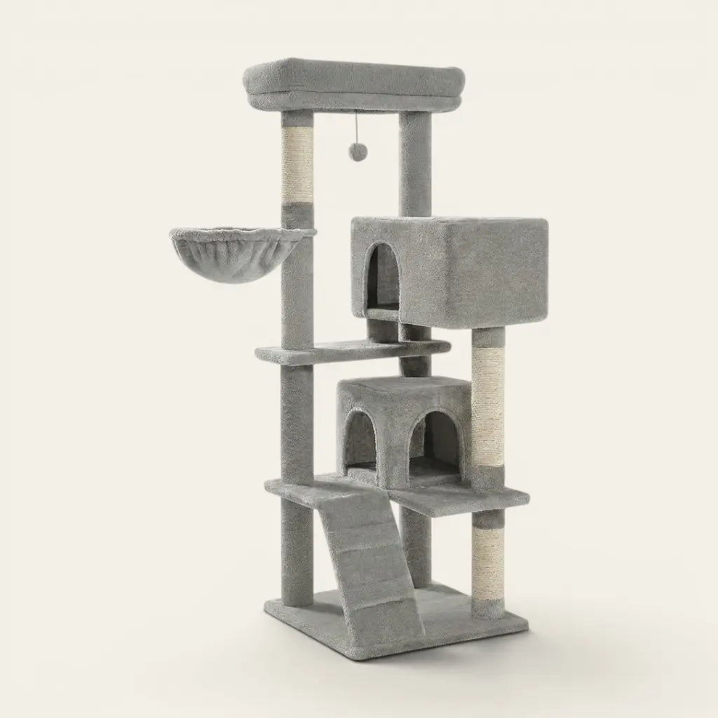 Arbre à chat gris avec double niche, hamac suspendu et plateformes d'observation pour le repos, le jeu et l'exploration.