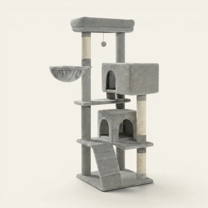 Arbre à chat gris avec double niche, hamac suspendu et plateformes d'observation pour le repos, le jeu et l'exploration.