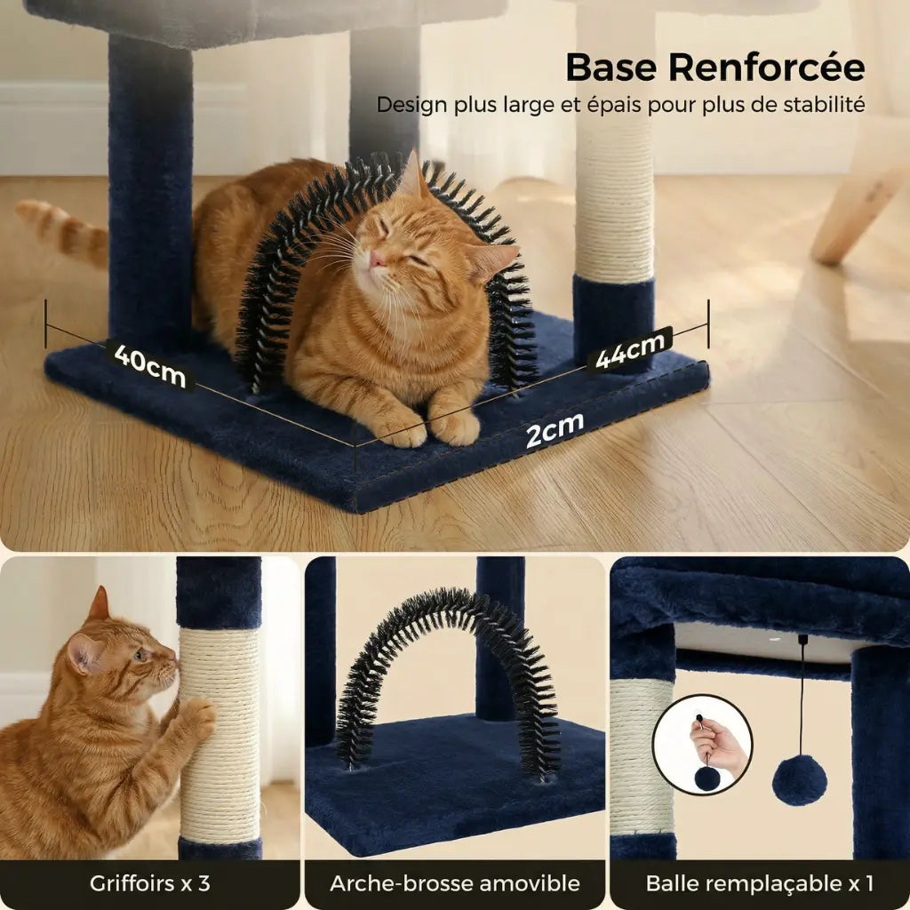 arbre à chat gris avec base renforcée griffoirs et arche brosse pour chat