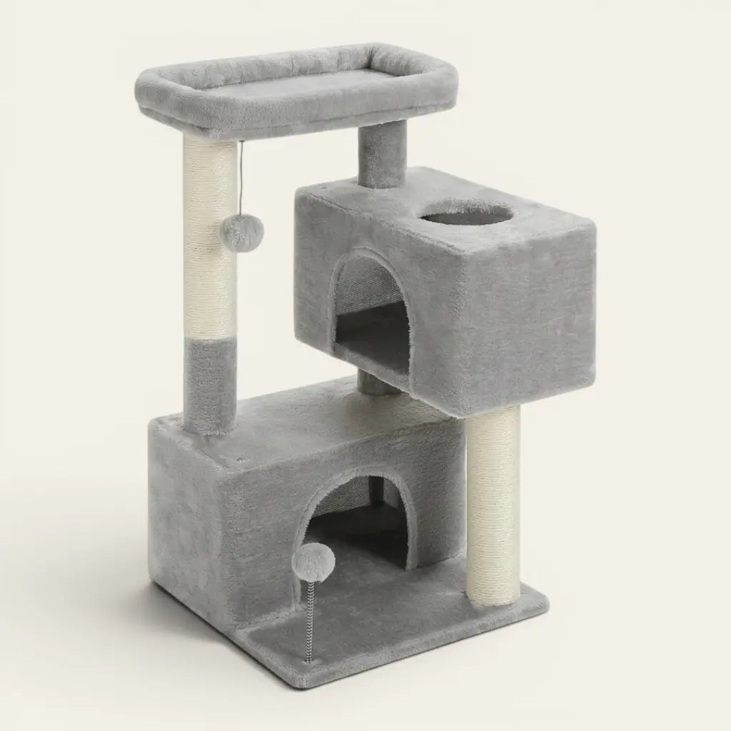 Arbre à chat gris clair 1 mètre avec espace de repos, niche et poteaux à griffer