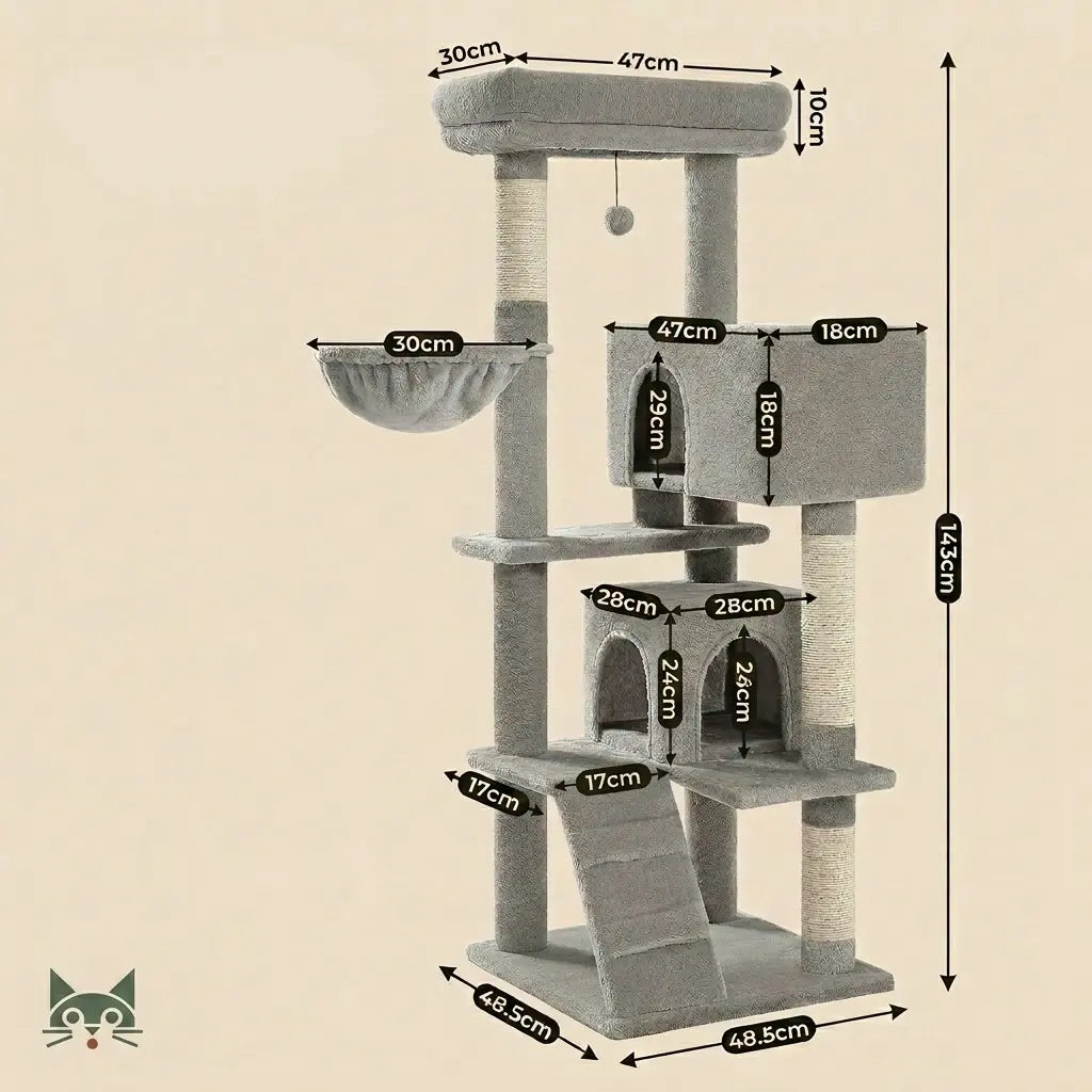 arbre à chat gris avec hamac dimensions détaillées plateformes niches et base stable
