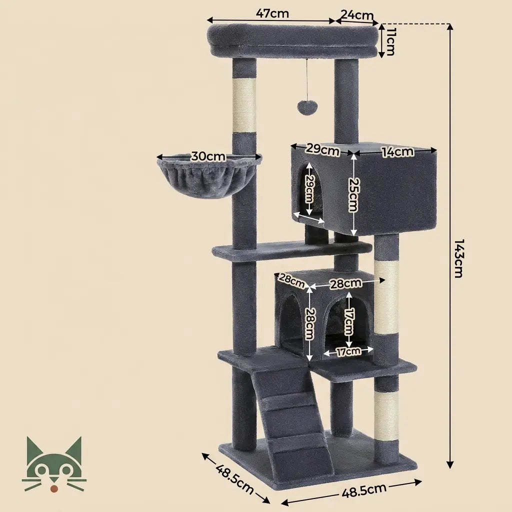 arbre à chat gris avec hamac dimensions détaillées plateformes niches et hauteur 143 cm