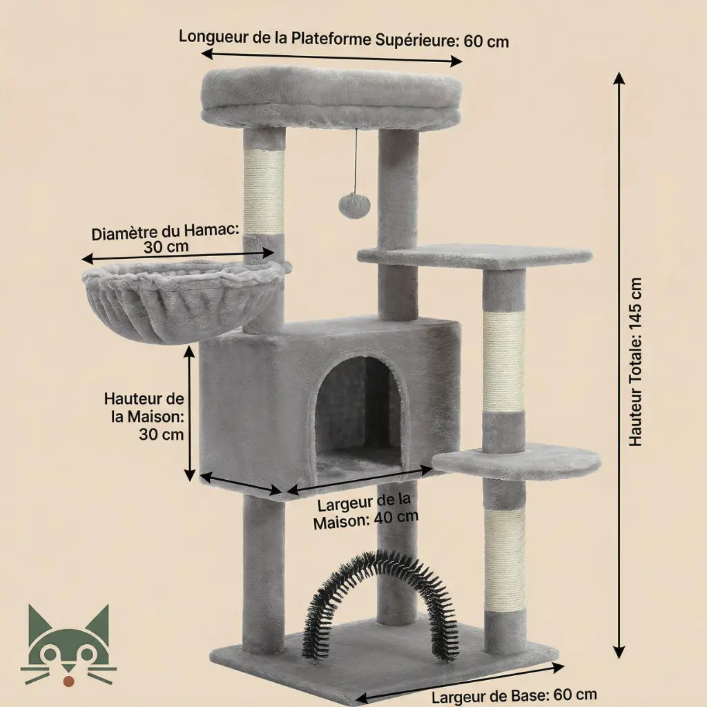 arbre à chat gris avec hamac et maison pour chat dimensions hauteur 145 cm et base large