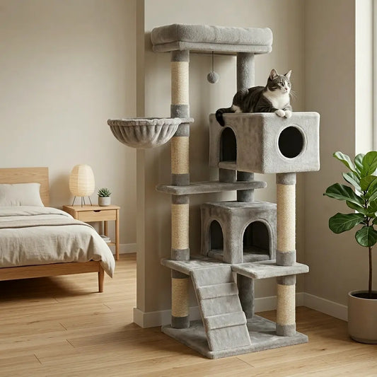 arbre à chat gris avec hamac et niches dans une chambre moderne avec chat allongé