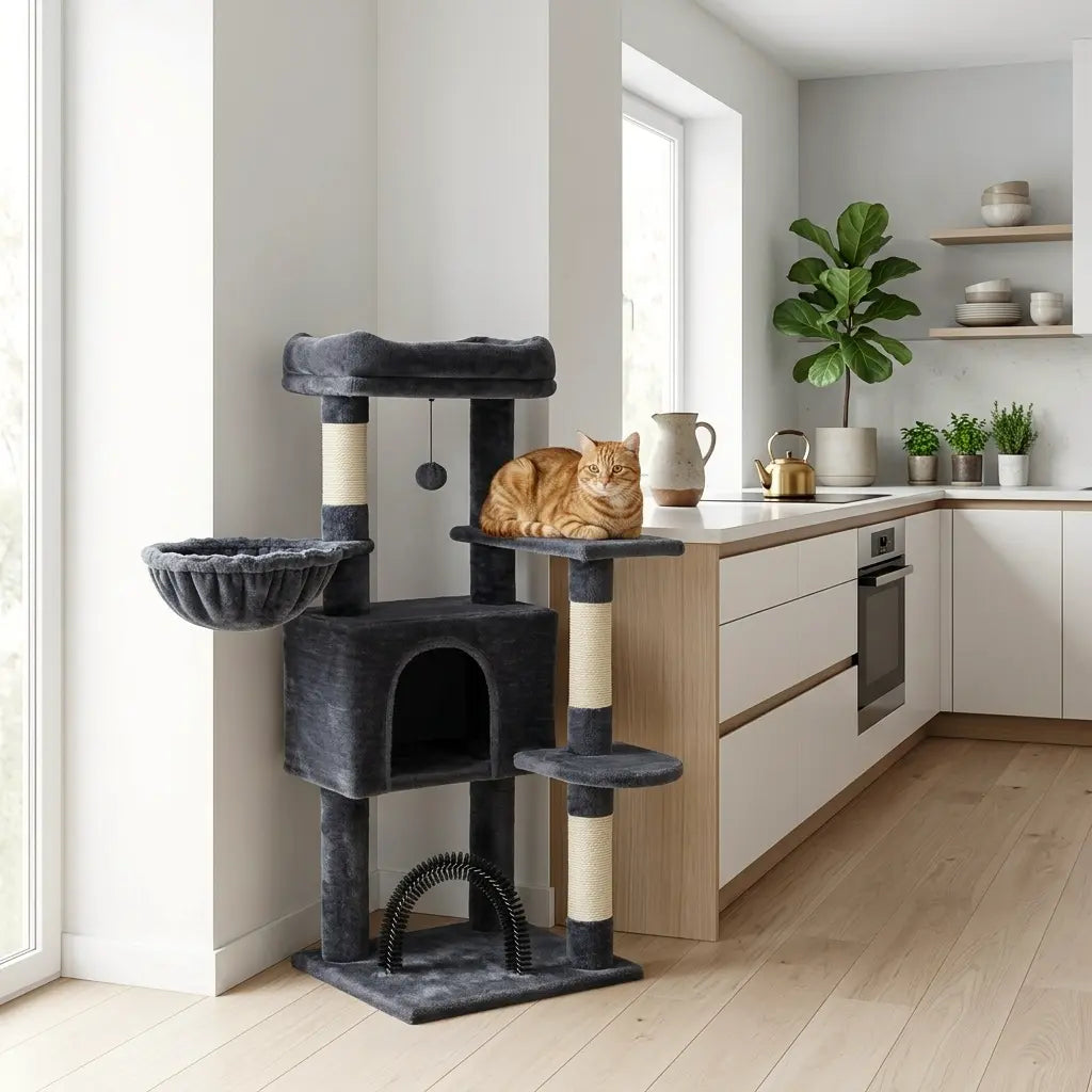 arbre à chat gris avec hamac et niche dans une cuisine moderne avec chat