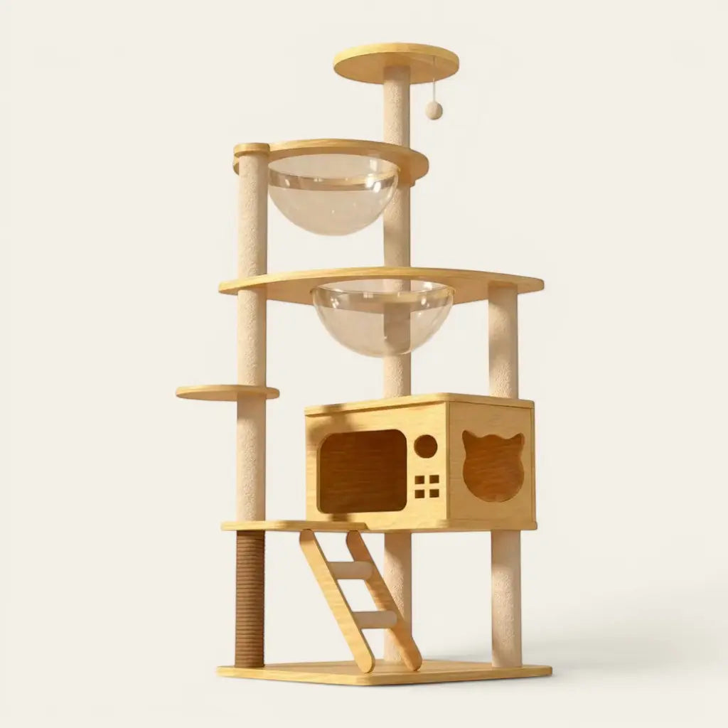 Arbre à chat luxe en bois avec double hamac transparent, niche surélevée et plateformes de repos pour offrir un environnement complet au chat.
