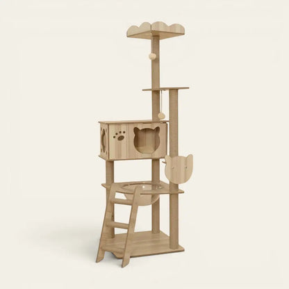 Arbre à chat haut de gamme en bois massif avec double niche, couchage transparent, plateformes d’observation, échelle et espaces dédiés au repos et au jeu.