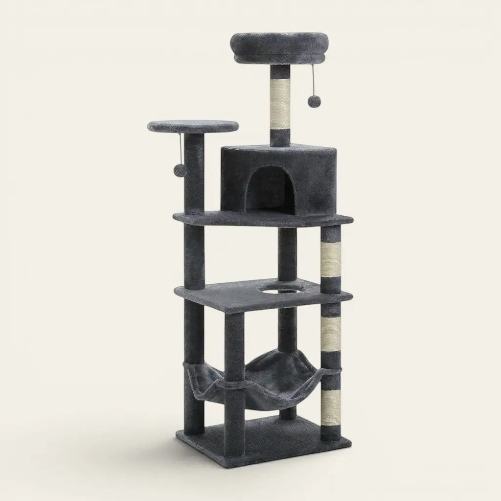 Arbre à chat Maine Coon anthracite avec niche spacieuse, hamac confortable et poteaux griffoirs en sisal résistants