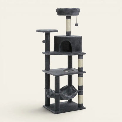 Arbre à chat Maine Coon anthracite avec niche spacieuse, hamac confortable et poteaux griffoirs en sisal résistants