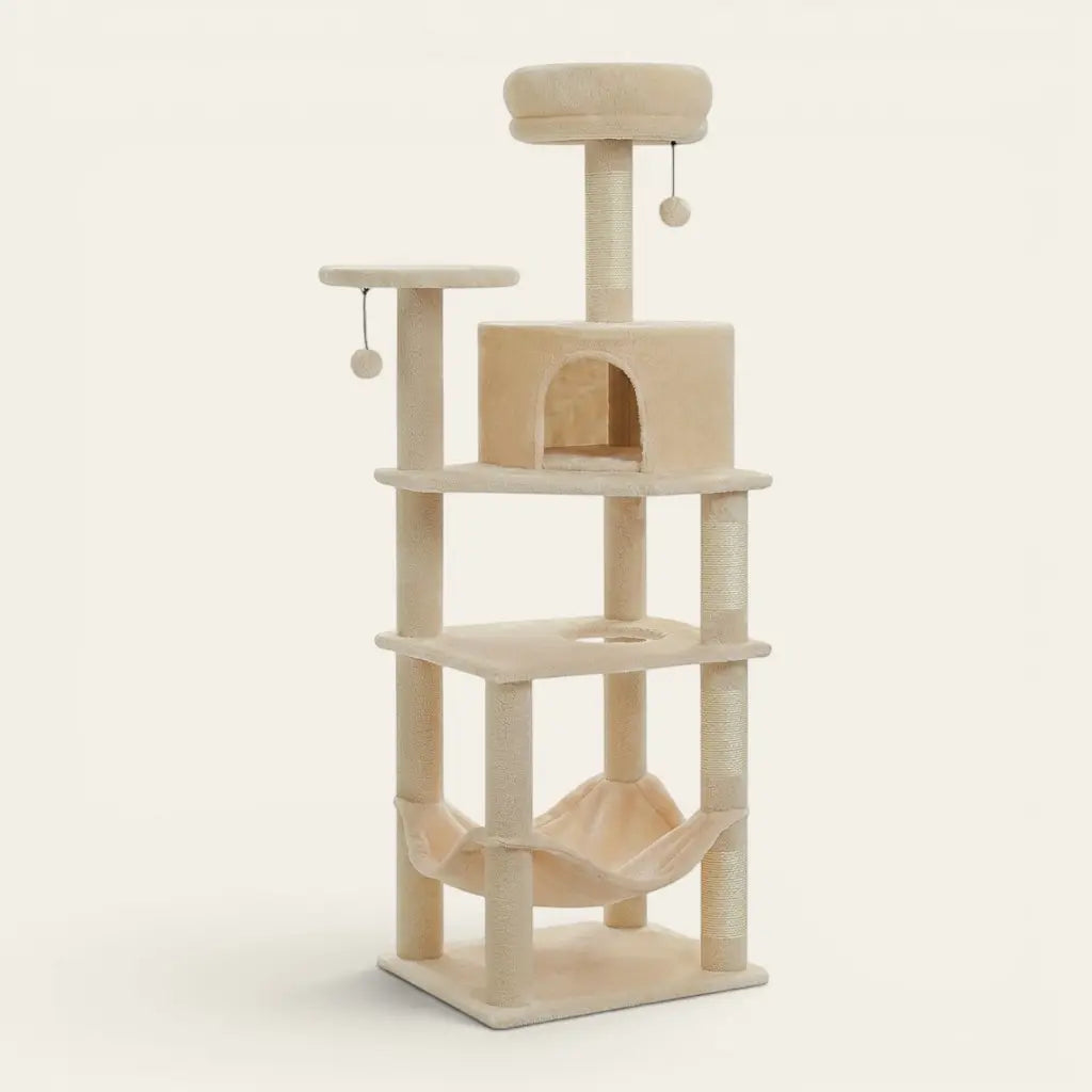 Arbre à chat Maine Coon beige avec niche confortable, hamac suspendu et plateforme d'observation pour grands chats