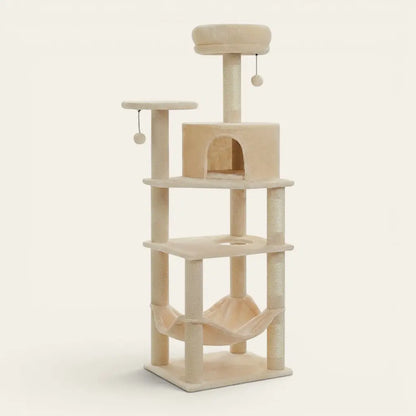 Arbre à chat Maine Coon beige avec niche confortable, hamac suspendu et plateforme d'observation pour grands chats
