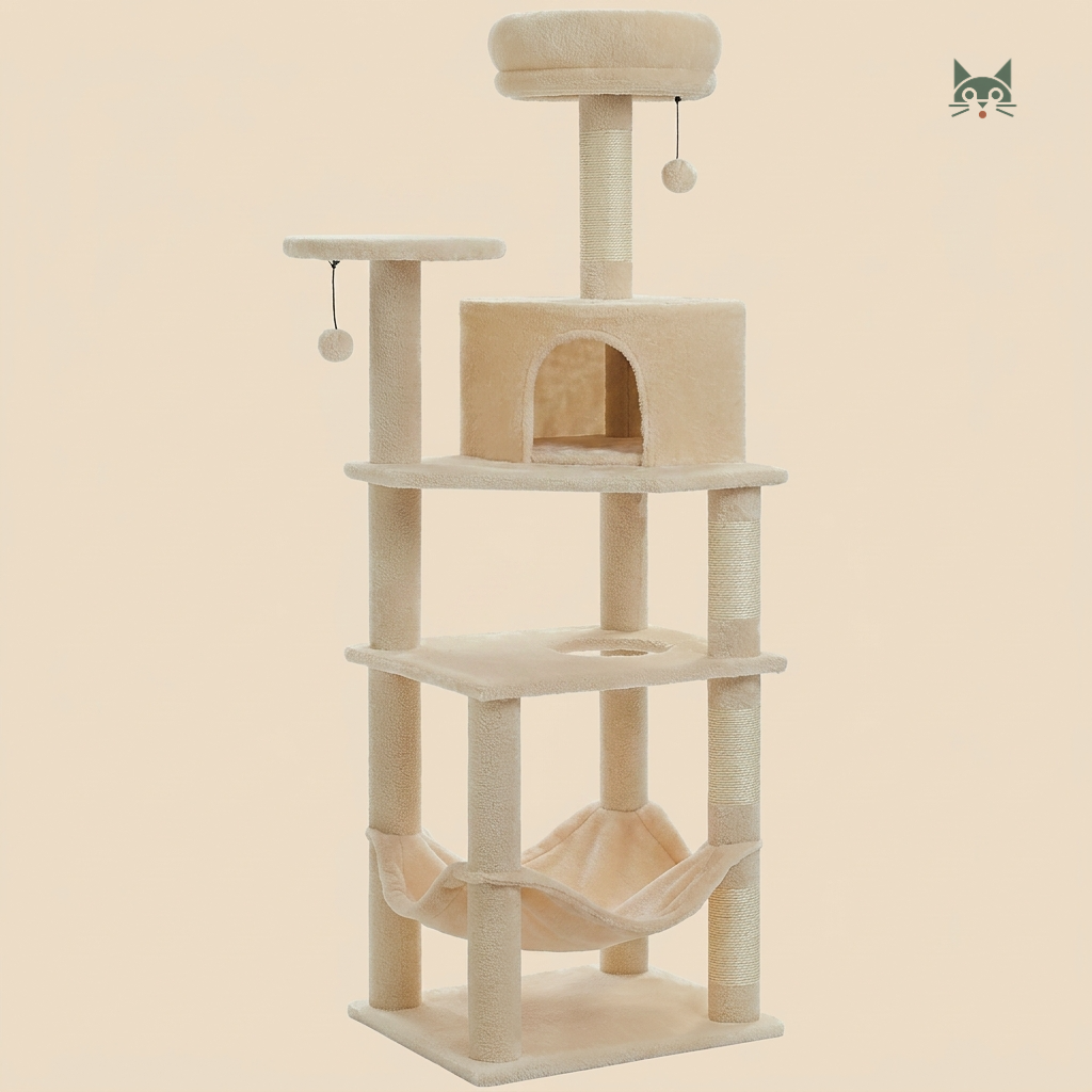 arbre à chat Maine Coon beige avec design compact et espaces confortables pour grands chats