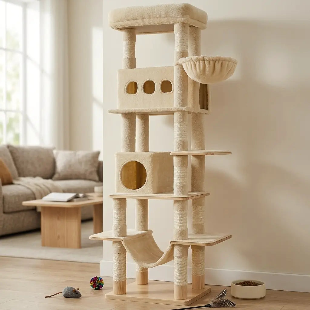 arbre à chat Maine Coon beige dans un salon moderne avec plateformes larges et structure stable