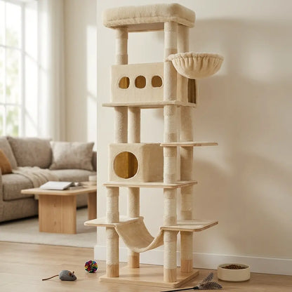 arbre à chat Maine Coon beige dans un salon moderne avec plateformes larges et structure stable