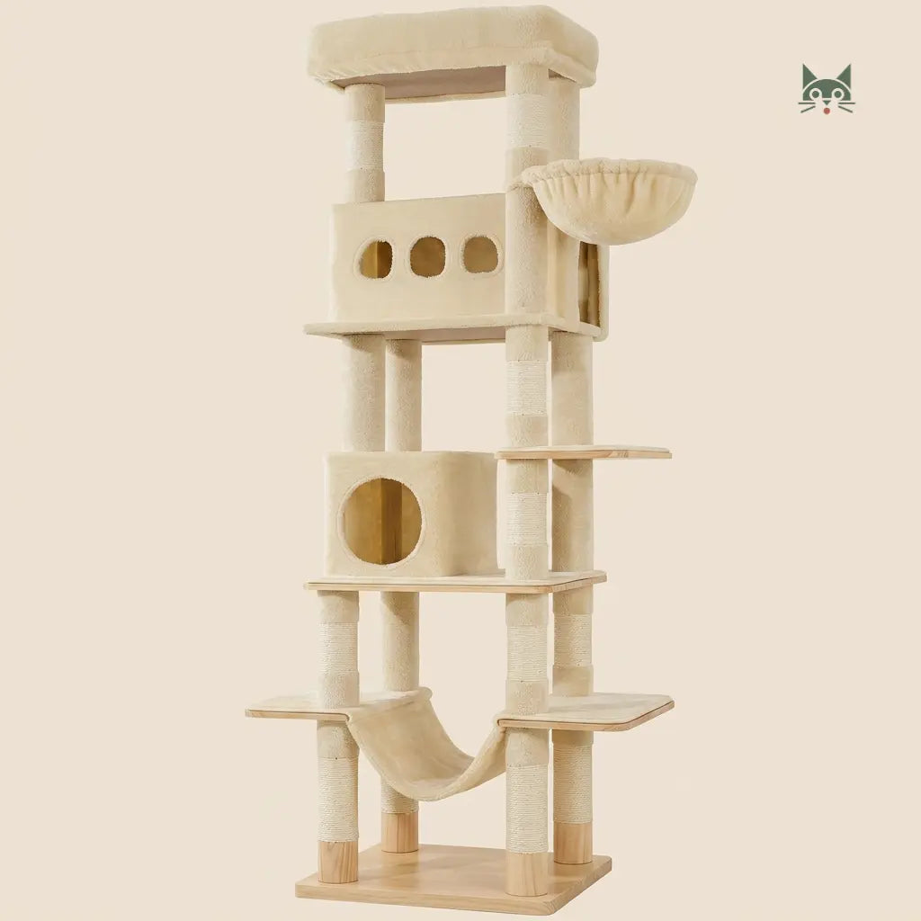 arbre à chat Maine Coon beige avec plateformes larges et niches adaptées aux grands chats