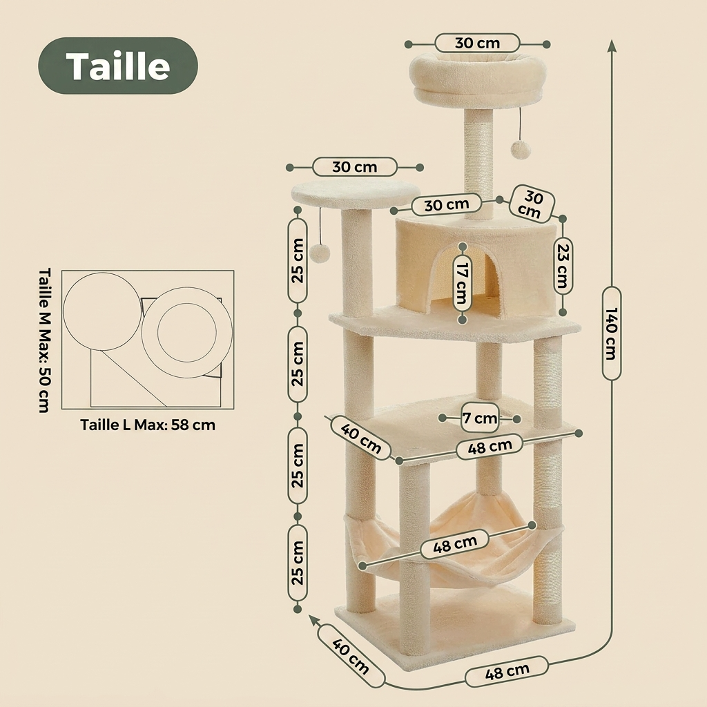 dimensions arbre à chat Maine Coon 140 cm avec plateformes larges et structure adaptée aux gros chats
