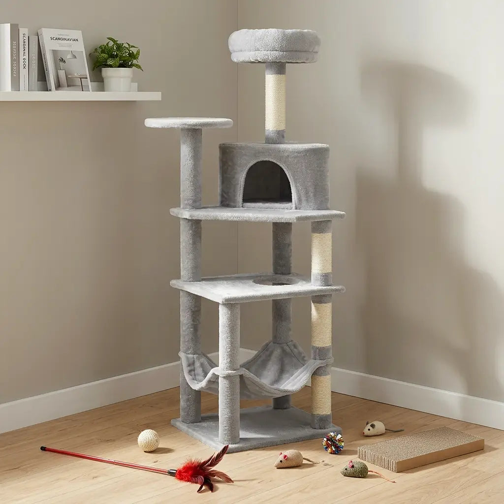 arbre à chat Maine Coon gris avec jouets et griffoir pour stimuler les grands chats